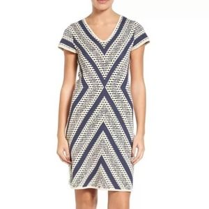 Nic+Zoe Spanish Stripe Chevron Blue Cream Knit Sweater Dress